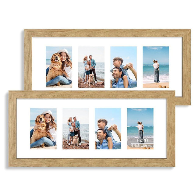 Hongkee 8x20 Picture Frame Set of 2, Natural Oak Wood Frame with Tempered Glass Collage Frame, Display Pictures Four 4x6 With Mat or 8 x 20 Without Mat - Horizontal or Vertical Wall Mounting