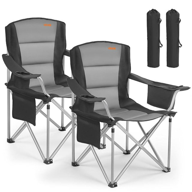 VEVOR Oversized Camping Folding Chair, Portable Heavy Duty Outdoor Quad Lumbar Back Padded with Side Pockets, Cup Holder and Cooler Bag for Beach, Lawn, Picnic, Fishing, Backpacking, 2 Pack