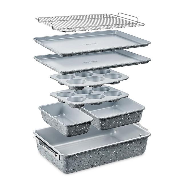 Bakken 8-Piece Stackable Bakeware Set - Ceramic Non-Stick Coating, Baking Sheets, Assorted Baking Pans, PTFE, PFOA & PFOS Free - Healthy Baking, Ergonomic Handles, Cooling Rack, Non-Toxic, Oven-Safe