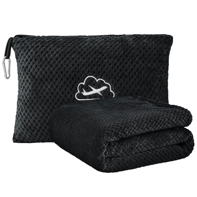 BEDELITE Travel Blanket Airplane Compact with Bag, Portable and Packable 2 in 1 Jacquard Travel Pillow and Blanket Set, Airplane Blanket Travel Essentials with Luggage Sleeve & Backpack Clip, Black