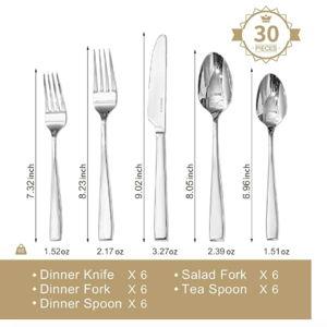 KINGSTONE Mirror Polish Silverware Set for 6, 30-Piece 18/10 Stainless Steel Flatware Set,