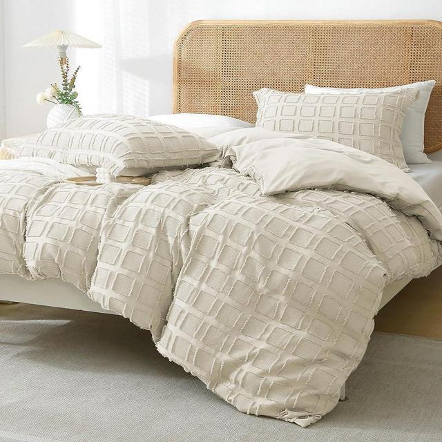 MILDLY Beige Tufted Duvet Cover - Queen Size Beige Waffle Weave Duvet Cover Set 3PCS 100% Washed Microfiber Soft & Breathable Textured Comforter Cover Set with Zipper Closure Corner Ties