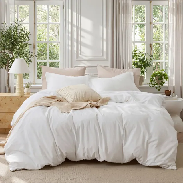 Bedsure 100% Washed Cotton Duvet Cover King Natural White Minimalist All Season Bedding Set GentleSoft OEKO TEX Certified Valentine’s Day Premium Gift
