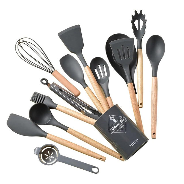 PBR Prime Eco-Friendly Silicone Kitchen Utensil Set, 12-Piece Nonstick Cooking Tools with Plastic Holder Stand (BPA-Free)