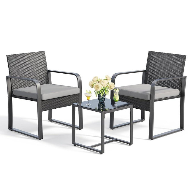 Gizoon 3 Piece Patio Bistro Set, Outdoor Wicker Furniture Sets, Modern Rattan Chair Conversation Sets with Coffee Table, for Yard, Garden, Balcony, Poolside, Grey