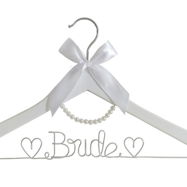The Bride's Wedding Gift, Wooden Wedding Dress Gown Hanging Wire Letter Hanger (White and Silver Thread with String of Pearls)