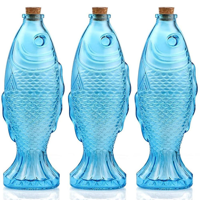 MDLUU 3-Pack Fish Shaped Glass Bottles, Decorative Bottles with Cork Stopper, Fish Decanters for Gift, Bar, Home Decor, Capacity 500ml/17.5oz (Blue)