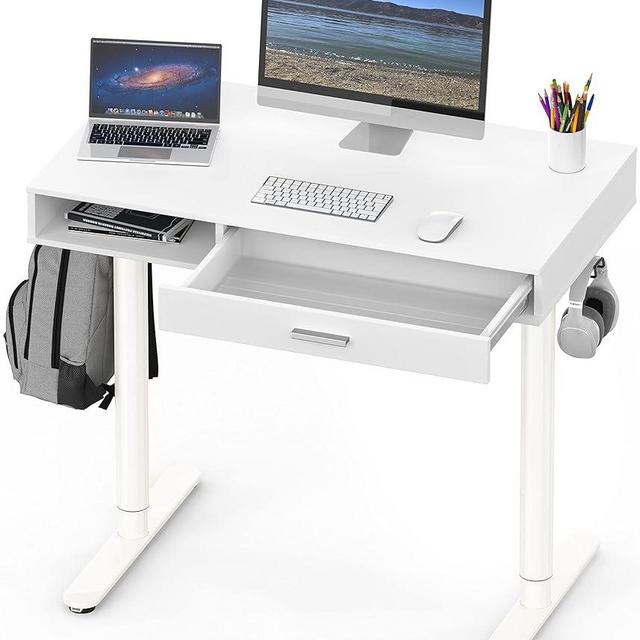 SHW Claire 40-Inch Height Adjustable Electric Standing Desk with Drawer, White