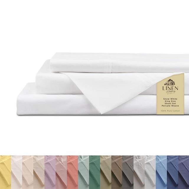 100% Cotton Percale Sheets King Size, Snow White, Deep Pocket, 4 Pieces Sheet Set - 1 Flat, 1 Deep Pocket Fitted Sheet and 2 Pillowcases, Crisp Cool and Strong Bed Linen