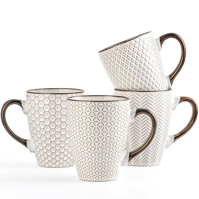 Anmula Coffee Mug Set of 4, 16 Oz Ceramic Embossment Coffee Mugs for Latte, Tea, Cappuccino, Cocoa, Mocha, Microwave & Dishwasher Safe, White