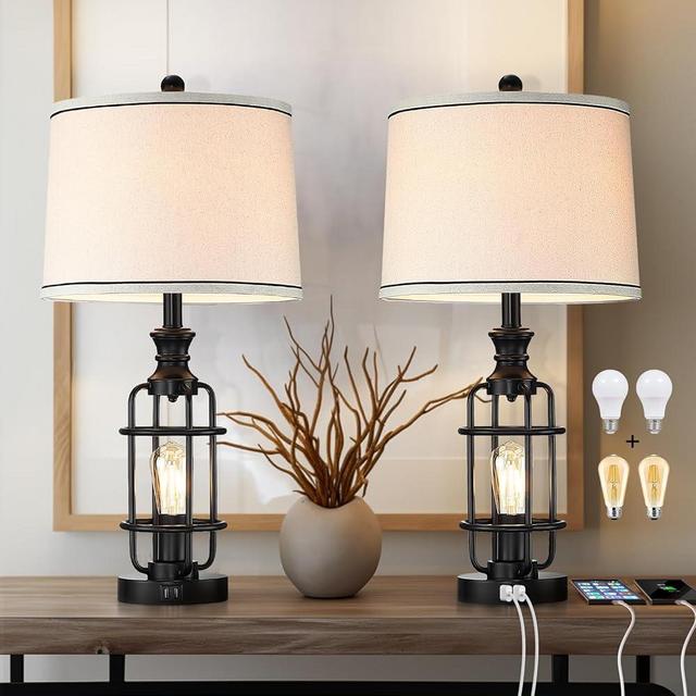 Altgedecor 26.3”Table Lamps Set of 2 with USB Charging Ports,Farmhouse Bedside Nightstand Lamp with Rotary Switch,Rustic Reading Lamps Industrial Desk Lamps for Bedroom Living Room,Bulbs Included