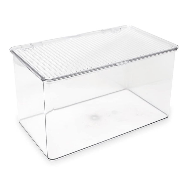 Isaac Jacobs Large Stackable Organizer Bin (10.75” x 6.5” x 6.1”) w/ Hinged Lid, Clear Storage Box, Home, Office, School, Fridge, Bathroom, Kitchen, Pantry Container, BPA-Free, Food Safe (Large, Clear)