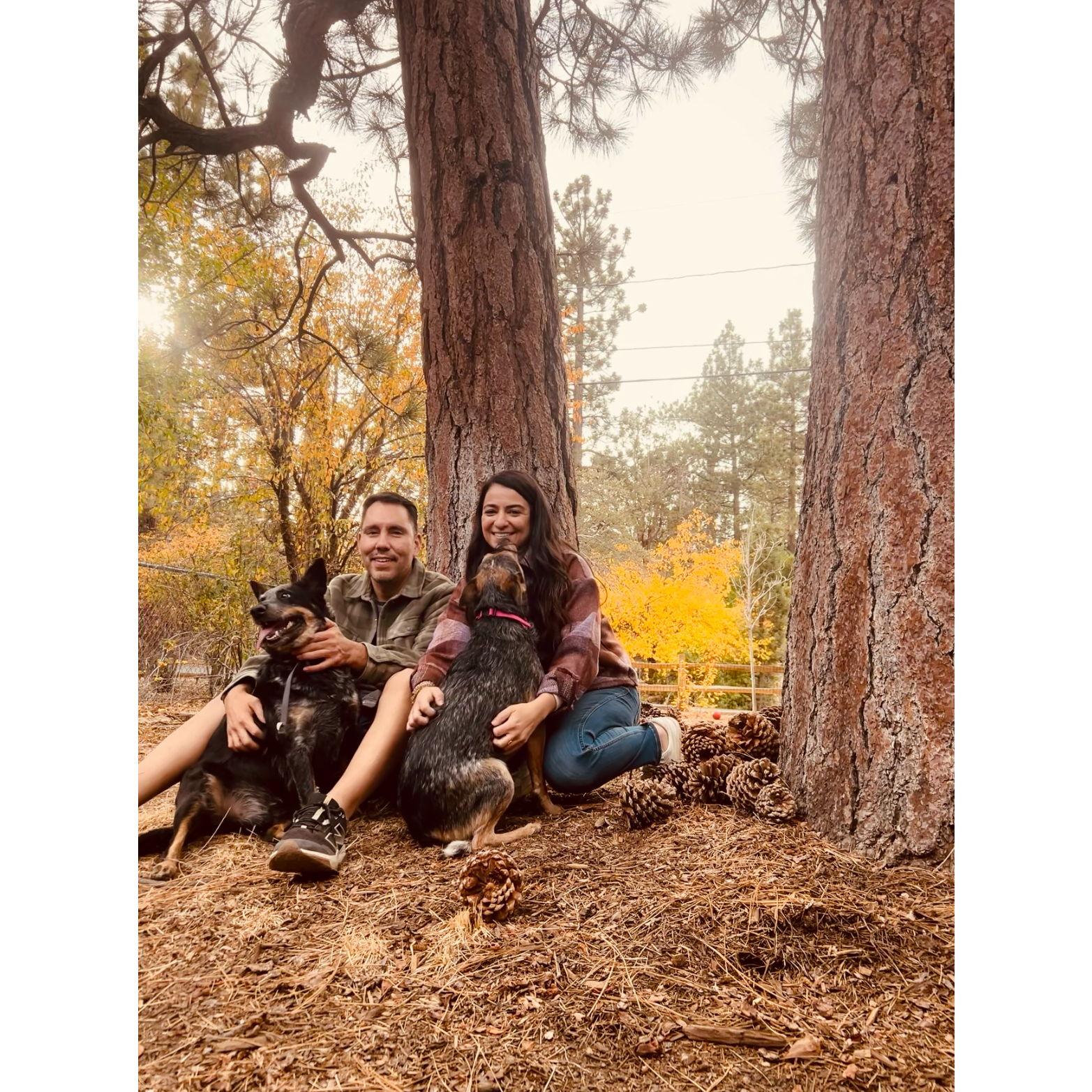 In front of our home in Big Bear, with fur babies Rumi and Emma- Oct 2024.