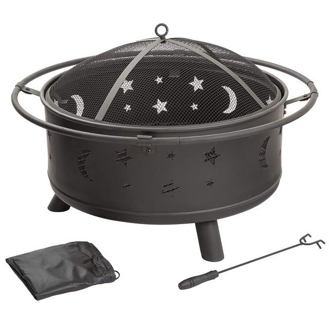 Fire Pit Set, Wood Burning Pit - Includes Screen, Cover and Log Poker- Great for Outdoor and Patio, 30 inch Round Star and Moon Firepit by Pure Garden