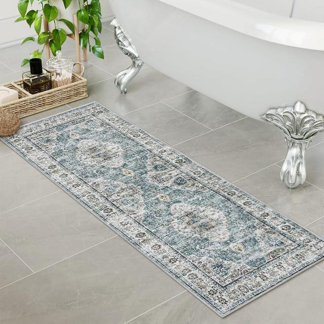 Uphome Bathroom Rugs Runner, Distressed Farmhouse Boho Blue Bath Mat, Non Slip Washable Long Bath Rugs, Vintage Traditonal Soft Velvet Bathroom Runner for Bathtub Sink Shower, 18x47 inch