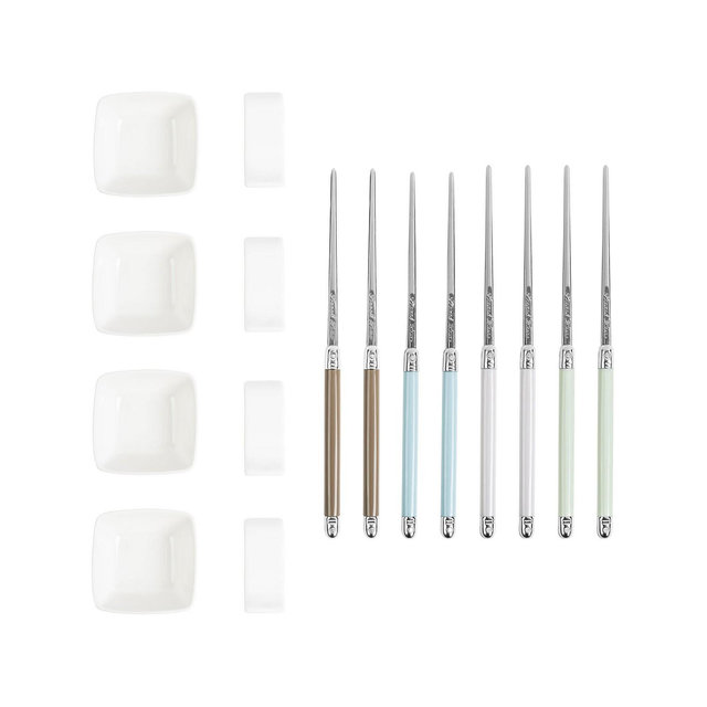 French Home Mother of Pearl Chopsticks, Ceramic Rests and Sauce Bowls, Set of 4 Pairs