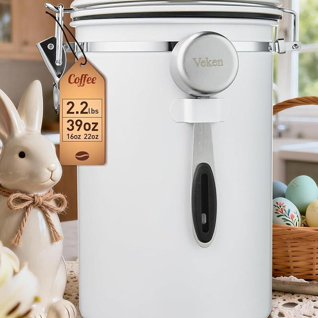 Veken Coffee Canister, 39OZ Large, Airtight Stainless Steel Food Storage Container for 2.2lbs Coffee Beans, Ground, Sugar, Tea, Flour, Cereal, Kitchen Bar Accessories with Date Tracker & Scoop, White