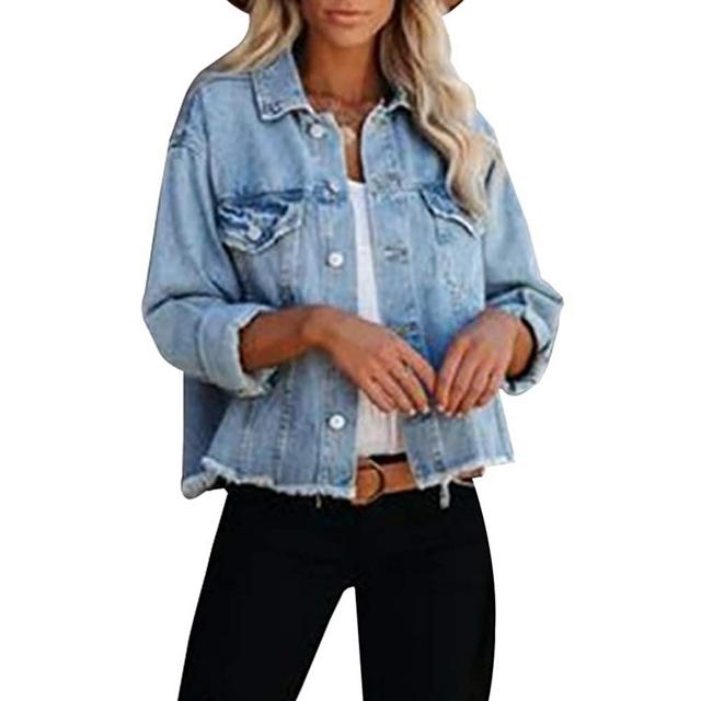 LONGBIDA Women's Jean Jacket Frayed Washed Button Up Cropped Denim Jacket With Pockets