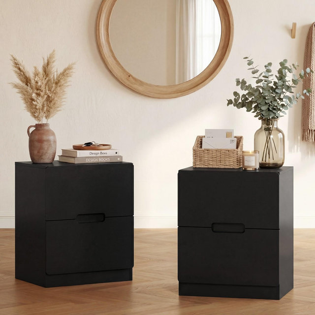 Heynemo Black Handless Nightstand Set of 2 with 2 Drawers