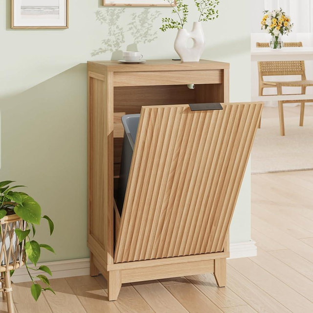 FiveWillowise Tilt Out Trash Can Cabinet with Odor Control, Fluted Trash Cabinet 13 Gallon Hidden Bin Storage, Modern Kitchen Cabinet with Soft-Close Door, Laundry Hamper Cabinet for Bathroom