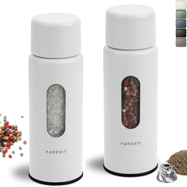 Aurevit Salt And Pepper Grinder Set Manual, Salt And Pepper Mill With Ceramic/Stainless Steel Core, External Adjustable Coarseness, Refillable, Durable (2 Packs, White)