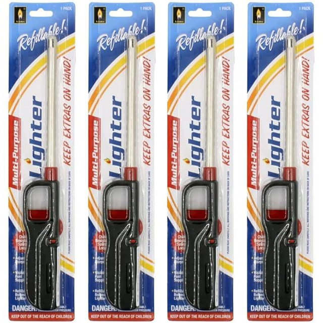 6 Pack - Vezee Fuel Included Handi BBQ Grill Click Flame Long Stem Lighter - Refillable Butane Gas Candle Fireplace Kitchen Stove Wind Resistant, Red