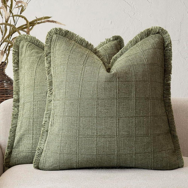 Foindtower Set of 2 Decorative Linen Check Fringe Throw Pillow Covers Farmhouse Vintage Cushion Covers Modern Boho Home Decor for Sofa Chair Couch Bedroom Living Room,18×18 Inch,Sage Green