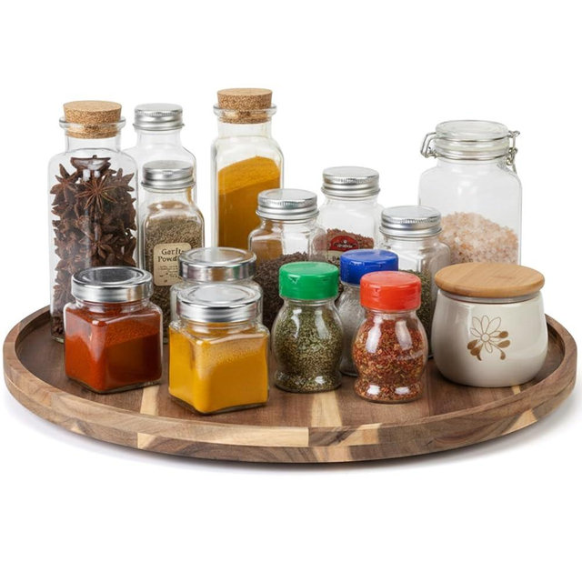 Yiyiring 20'' Wood Lazy Susan for Countertop Acacia Large Turntable Rotating Serving Tray for Table Top Non Skid Kitchen Tray Revolving Condiment Spice Rack for Table Organization Storage Supplies
