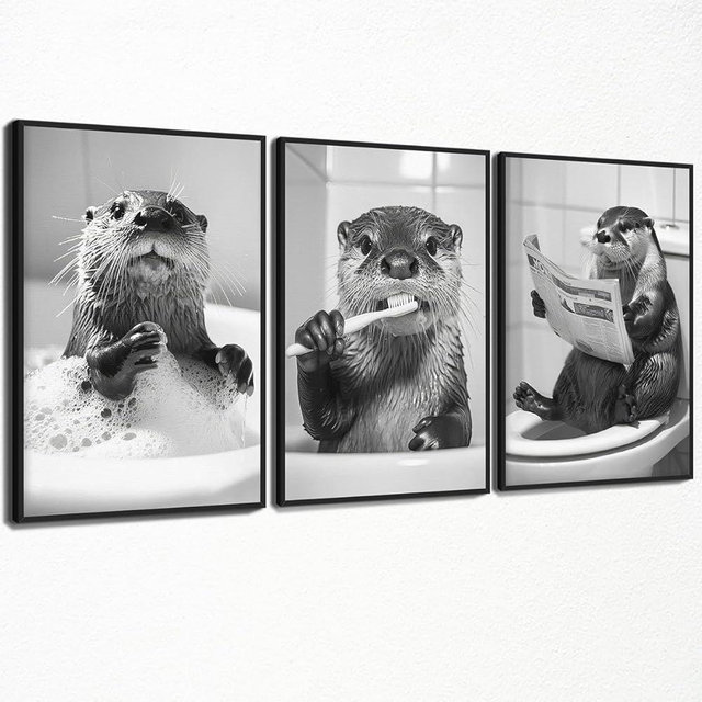 Funny Animal Bathroom Canvas Wall Art, 3pcs Black White Bathroom Poster, Cute Having Bath and Brushing Teeth Otter Picture Print, Fun Otter Read Newspaper on Toilet Painting 12x16in Framed