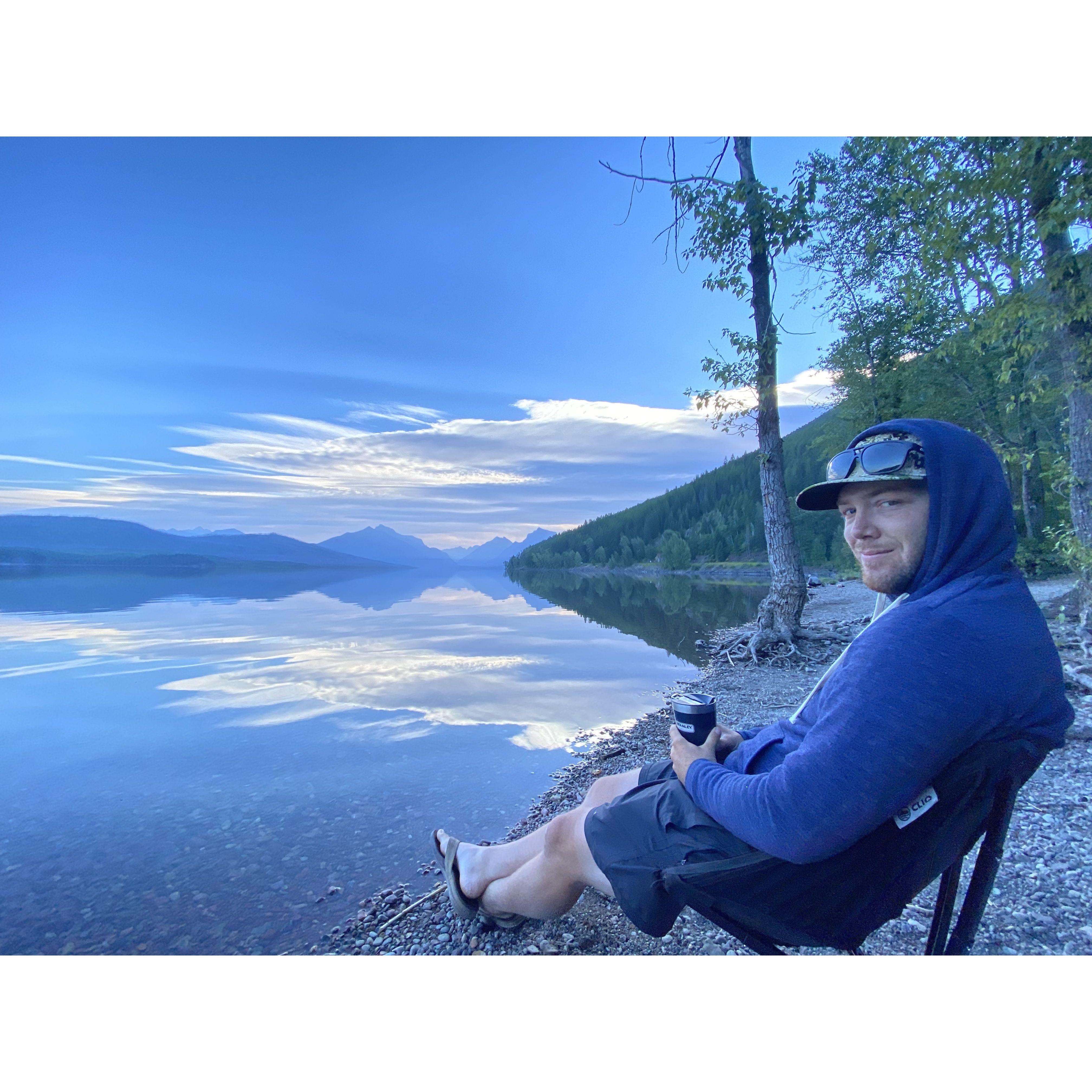 Bob and I enjoying an early morning coffee on Lake MacDonald in Glacier National Park