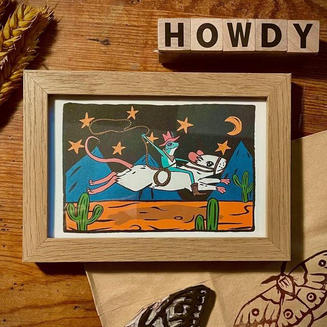 Framed Cowboy Frog Riding Mouse Print - ready to hang 4"x6" wall print whimsical funny colorful rodeo frog wearing cowboy hat art poster