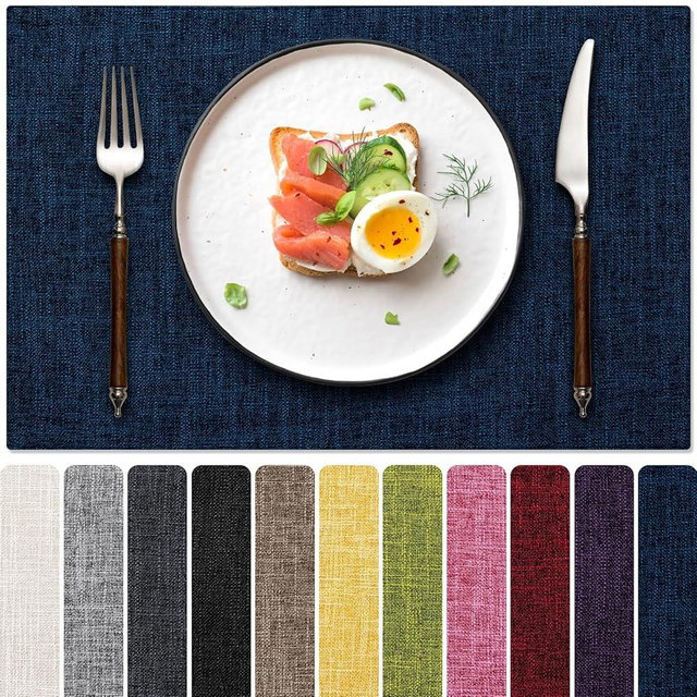 Blue Forest Placemats Set of 4, Dual-Layered Thickened Faux Linen Cloth Place Mats Heat Resistant Machine Washable Wrinkle Free Table Mats Indoor/Outdoor (Navy Blue)