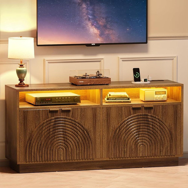 Curlaky Fluted TV Stand with Power Outlet - 58" TV Stands for Living Room, Mid Century Entertainment Center with Storage Cabinets & Adjustable Shelf, LED Modern Media Console for TVs Up to 70", Walnut