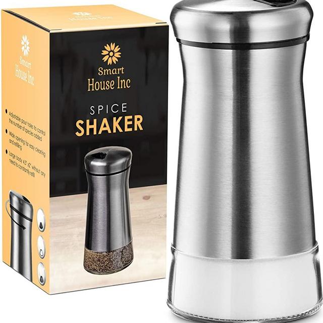 Salt Shaker or Pepper Shakers - Spice Dispenser with Adjustable Pour Holes - Stainless Steel & Glass -Set of 1 Bottle By Smart House Inc