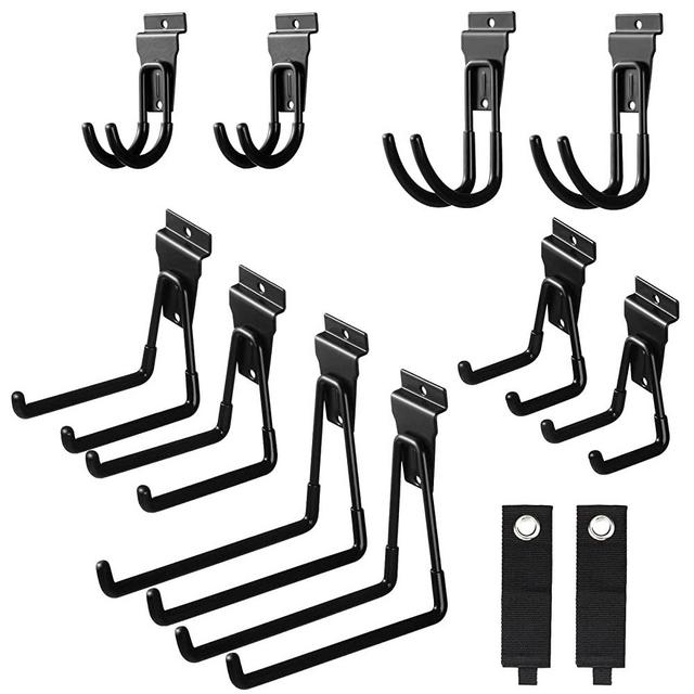 PYBTOOL Slatwall Hooks Slatwall Accessories Heavy Duty Garage Slatwall Hooks Hangers Standard Slatwall Panel Hooks Kit,12 Pack Set(10 Hooks 2 Straps)