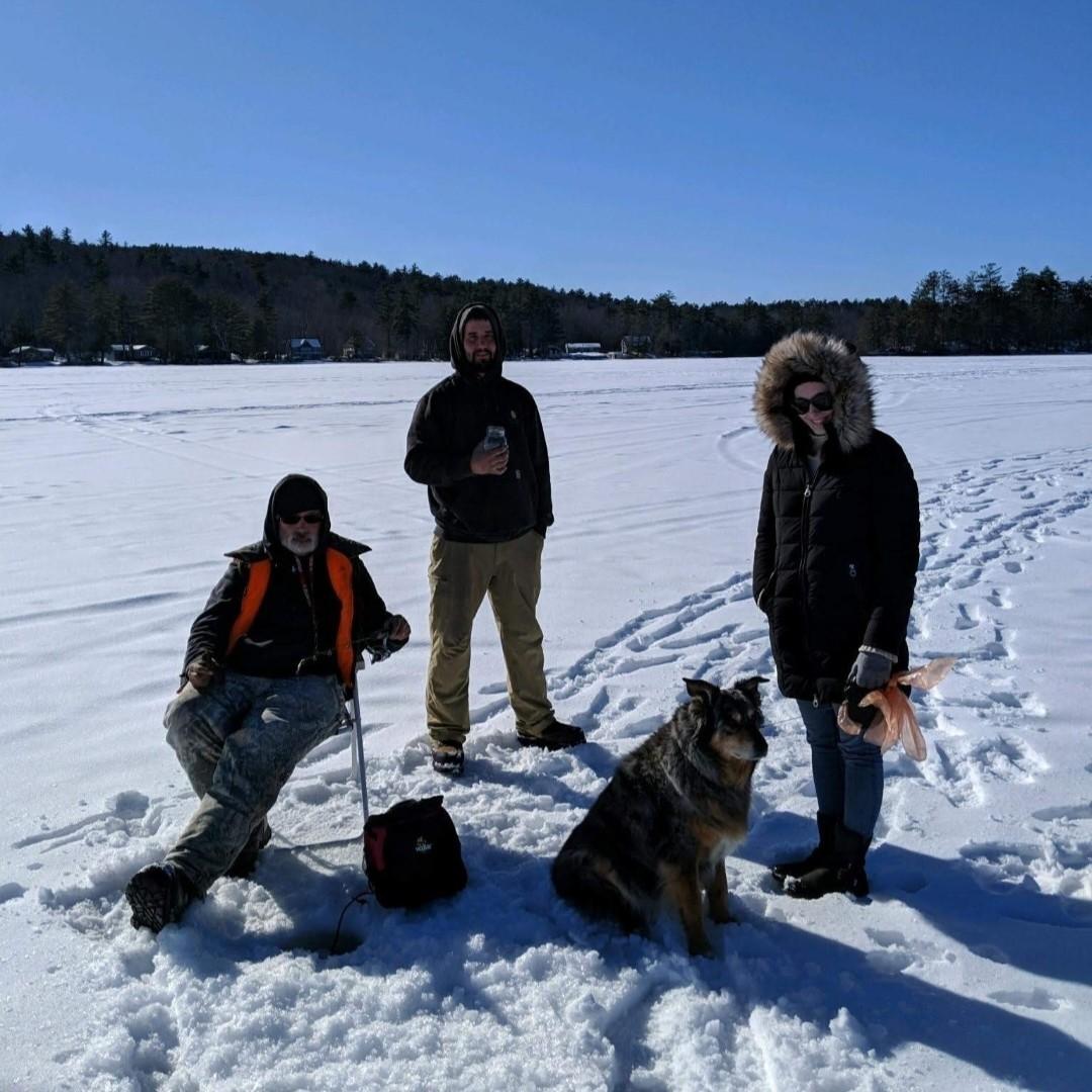 Dave's dad, Dave, Gema, and me on Horn Pond in Sanbornville, NH, where we lived from 2019-2020