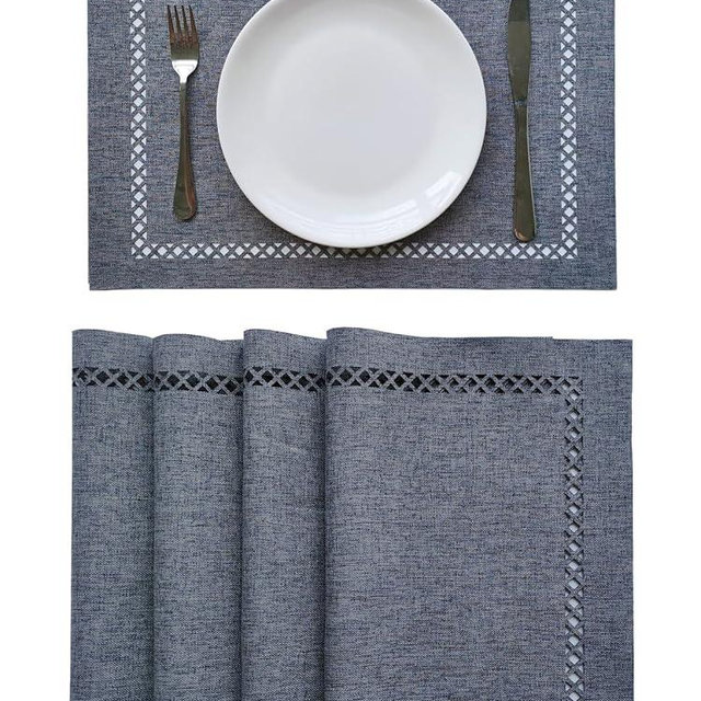 Placemats Set of 4 for Dining Table with Hollow Edge Design- Table Mats 12x 18 Inch, Cloth Place mats Machine Washable (Grey 4pcs)