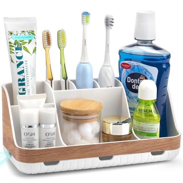 GFWARE Bathroom Countertop Organizer - Detachable 7 Slots Kids Electric Toothbrush and Toothpaste Holde Drainage for Bathroom Accessories Organization Counter Vanity Storage, Woodgrain