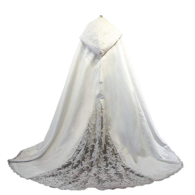 Homebed Women Wedding Cape Hooded Cloak For Bride Lace Applique Cathedral Cape