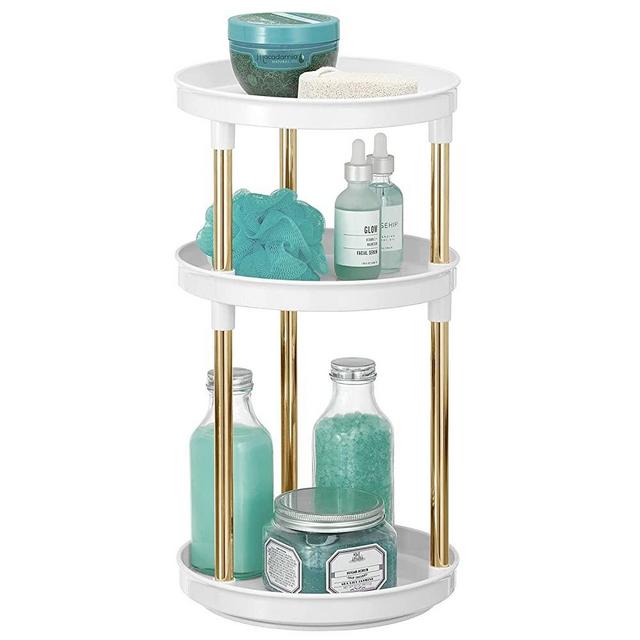 mDesign Spinning Tall 3-Tier Lazy Susan Makeup Turntable Storage Center Tray - Rotating Organizer for Bathroom Vanity Counter Tops, Dressing Tables, Cosmetic Stations, Dressers - White/Soft Brass