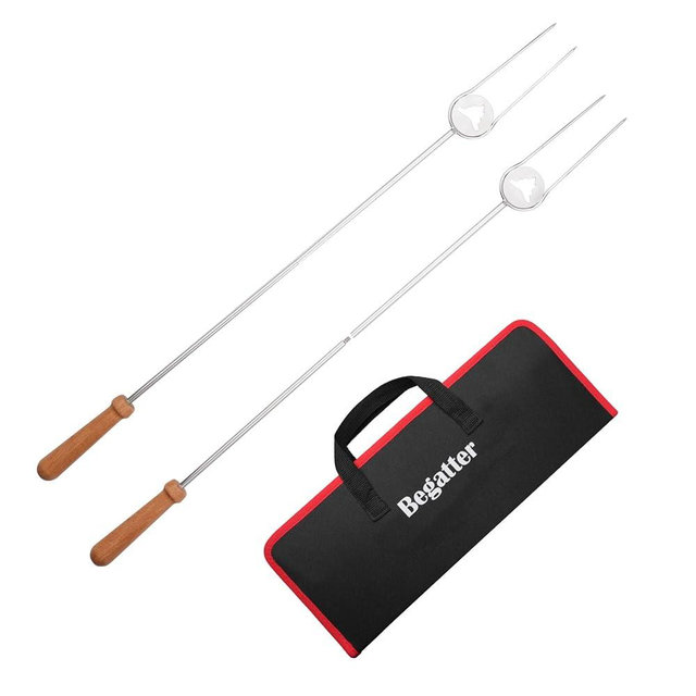 Begatter Smores Sticks, Heavy Duty Hot Dog Roasting Sticks for Campfire, 32"" Long Extendable Marshmallow Roasting Sticks for Fire Pit, Stainless Steel Camping Skewers, Beech Wood Handle, 2 Pack