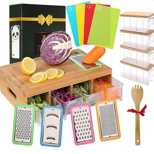 ZEEMBU Bamboo Cutting Board with Containers -Tidy Board – Prepdeck Meal Prep Station Chopping Board with 4Drawers/4Bamboo Lids/4Graters/4Colorful Inserts with Icons- Cup Board Pro