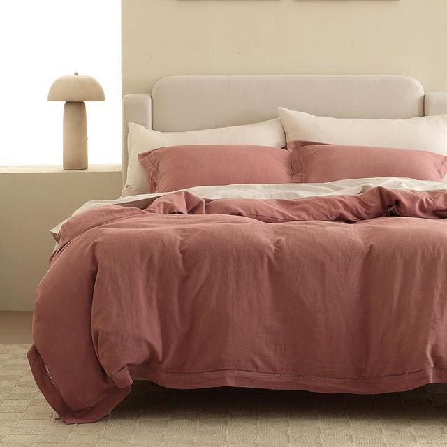 Double Stitch by Bedsure Linen Lyocell Duvet Cover Set - Breathable King Duvet Cover, Natural Luxury Bedding Set, Perfect for House Warming Gift, 1 Duvet Cover, 2 Shams, Brick Rose