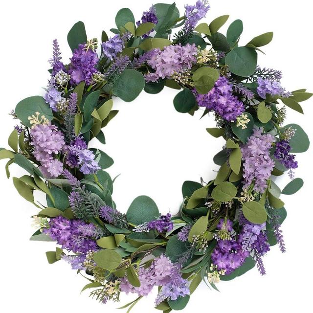 idyllic 18”Artificial Flower Eucalyptus Leaves Wreath Rustic Farmhouse Decorative Floral Wreath for Front Door Window Wedding Spring, Purple