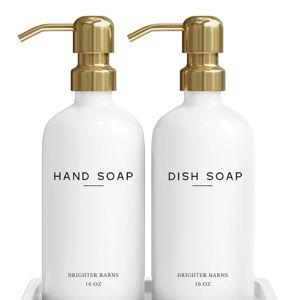 Luxury Glass Hand and Dish Soap Dispenser Set by Brighter Barns - Kitchen Soap Dispenser Set with Tray for Kitchen Sink - White and Gold Home Accessories & Decor for Restaurants, Airbnb, Gift (Gold)