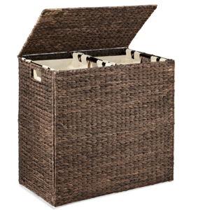 Large Water Hyacinth Double Laundry Hamper Basket w/ 2 Liner Bags - Natural