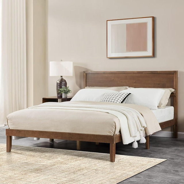 MT EDITION Wood Queen Size Bed Frame,Wooden Queen Platform Bed Frame with Headboard,Sturdy Rubber Modern Home Style Bed Frame for Bedroom (Queen)