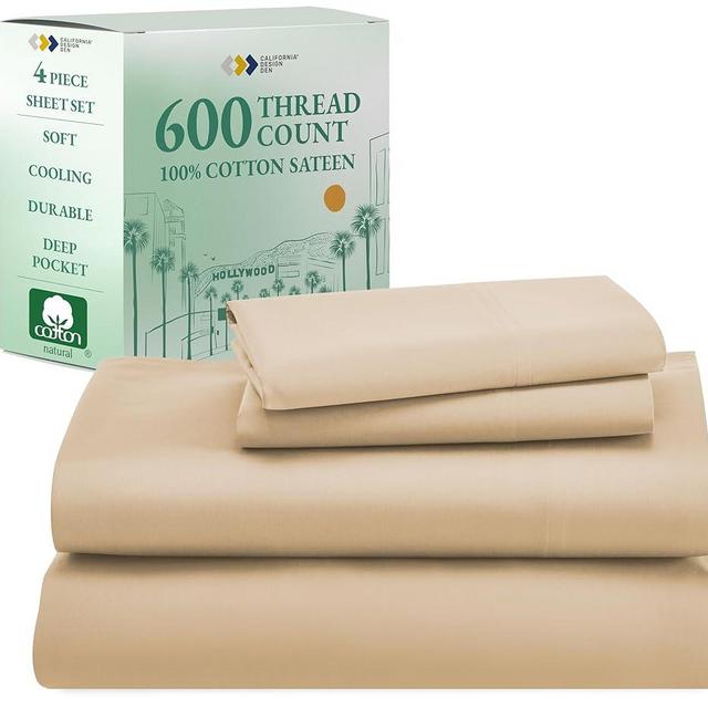 California Design Den 100% Cotton Full Sheet Set, 600 Thread Count Sateen, Soft, Cooling Bed Sheet with Deep Pockets, Hotel-Quality Bedding Sheets & Pillowcases (Tan-Beige)
