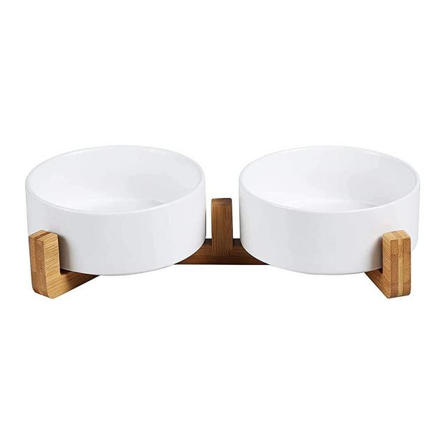 Ceramics Dog and Cat Bowl with Wood Stand Matte Glaze Weighted Food Water Feeder for Cats &Small Dogs