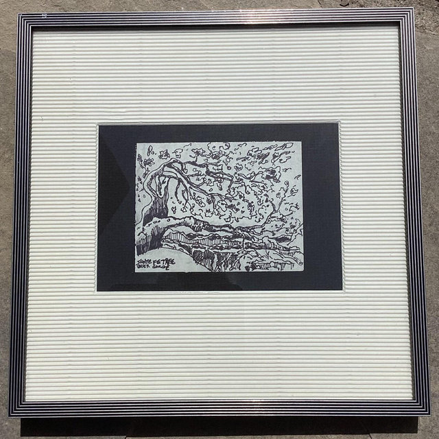 Pen & ink landscape drawing. Small well framed artist signed drawing of “Santa Fe Tree Over Gorge.”